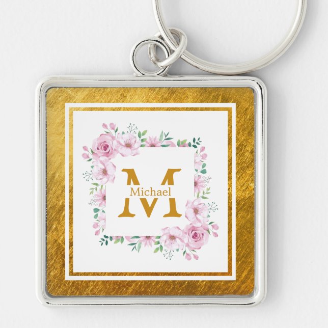Monogram Initial "M" Floral - Pink Roses & Gold Key Ring (Front)