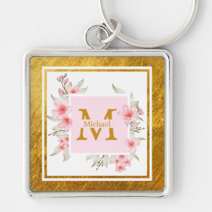Monogram Initial "M" Floral - Pink Roses & Gold Key Ring