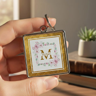 Monogram Initial "M" Floral - Pink Roses & Gold Key Ring