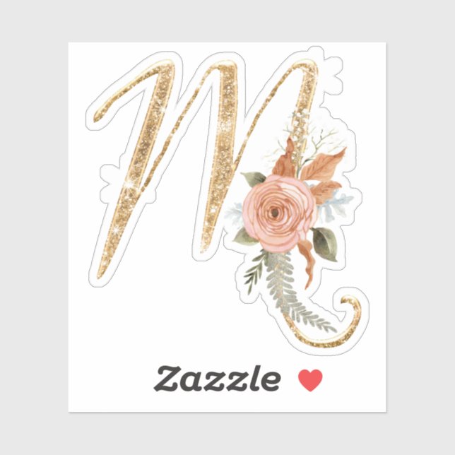 Monogram Initial M Gold Glitter Peony Rose Floral (Sheet)