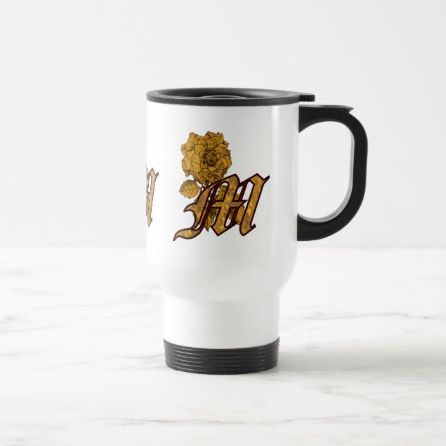 Monogram Initial M Gold Peony Floral Travel Mug (Right)