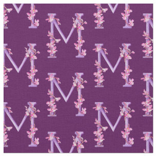 Monogram initial M purple orchid floral watercolor Fabric