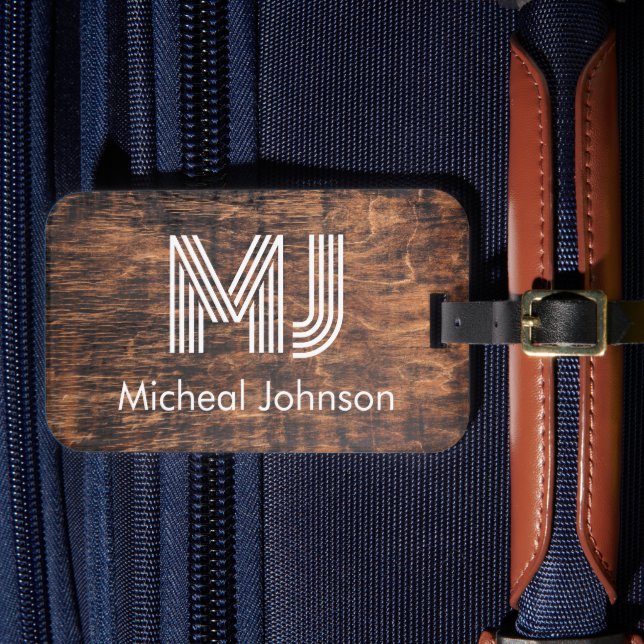 Monogram Initial Mahogany Wood Travel Luggage Tag (Front Insitu 4)