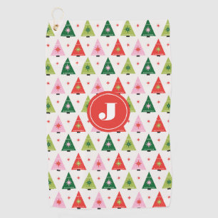 Monogram Initial Merry & Mod Retro Christmas Tree Golf Towel