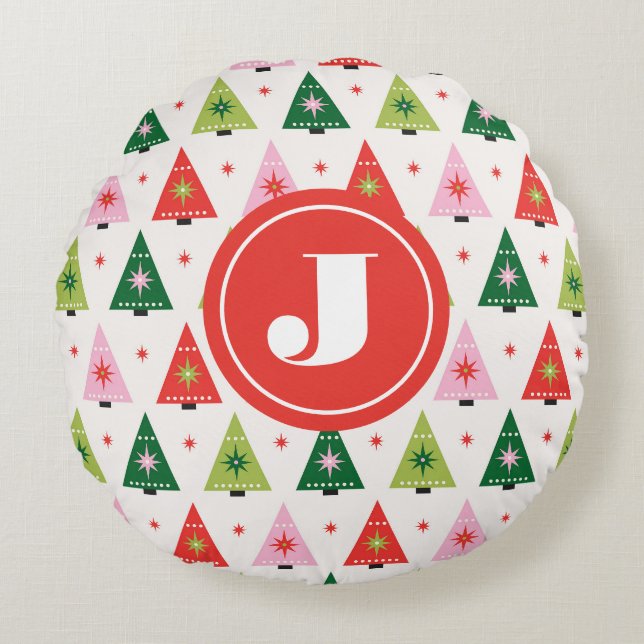 Monogram Initial Merry & Mod Retro Christmas Tree Round Cushion (Front)