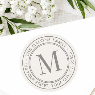 Monogram initial minimal light tan return address classic round sticker