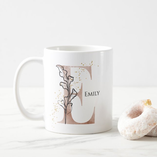 Monogram Initial Modern Letter E Boho Personalised Coffee Mug (With Donut)