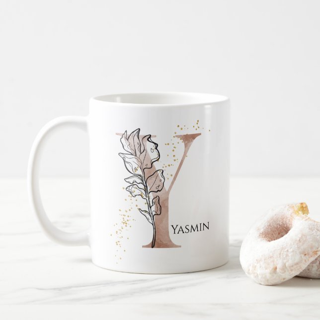 Monogram Initial Modern Letter Y Boho Personalised Coffee Mug (With Donut)