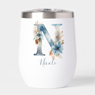 Monogram Initial N Blue Floral Watercolor Gift Her