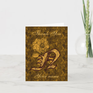 Monogram Initial N Gold Satin Peony Personalised Thank You Card