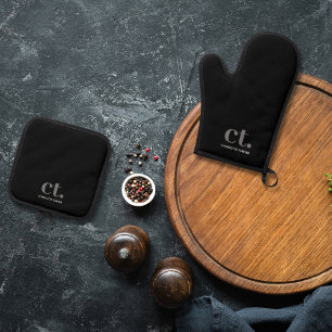 Monogram Initial Name Black  Oven Mitt & Pot Holder Set