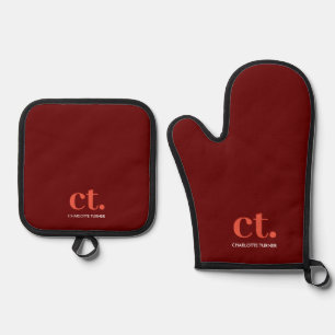 Monogram Initial Name Burgundy Red Oven Mitt & Pot Holder Set