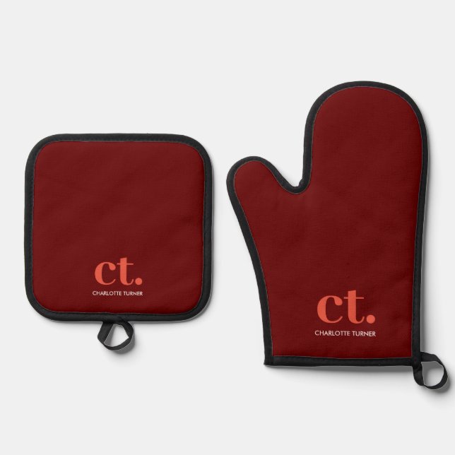 Monogram Initial Name Burgundy Red Oven Mitt & Pot Holder Set (Front)
