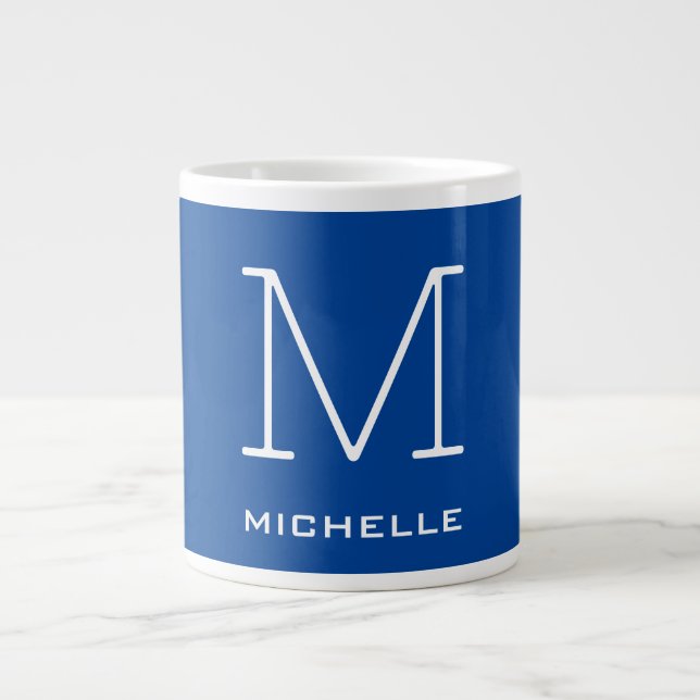 Monogram Initial Name Deep Blue Unique Minimalist Large Coffee Mug (Front)