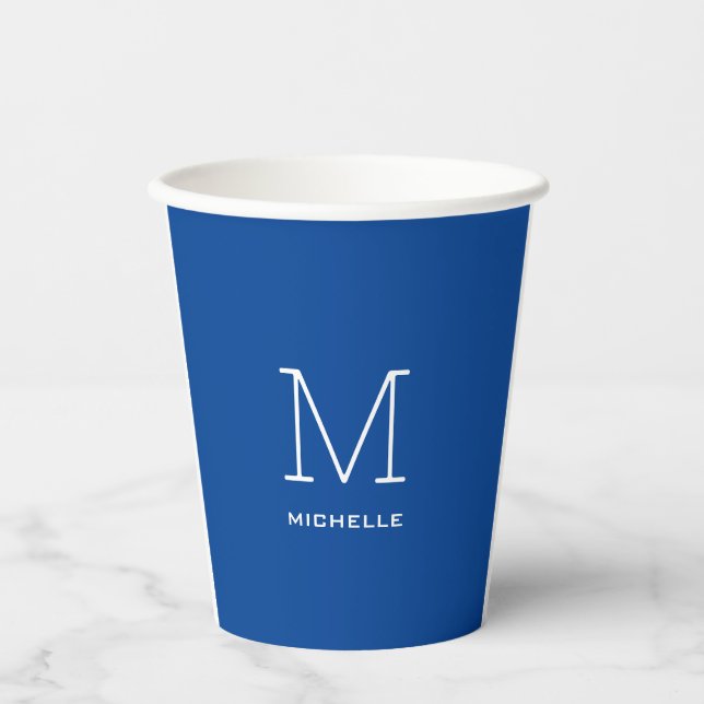 Monogram Initial Name Deep Blue Unique Minimalist Paper Cups (Front)