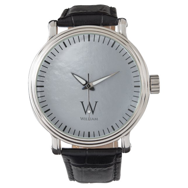Monogram Initial & Name Faux Silver Metallic Grey  Watch (Front)