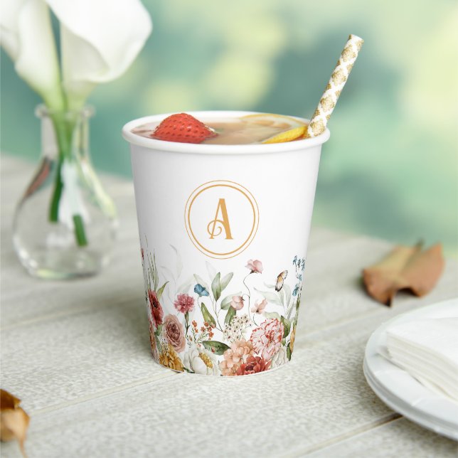 Monogram Initial & Name, Floral Border Paper Cups (Insitu)