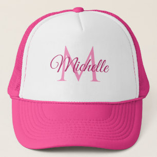 Monogram Initial Name For Her White And Hot Pink Trucker Hat