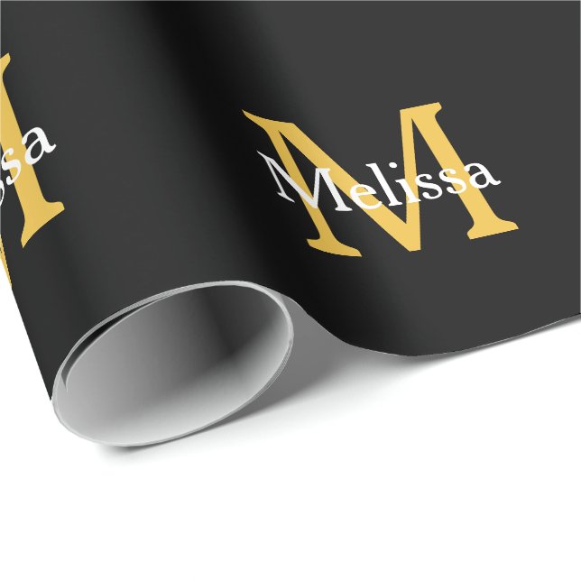 Monogram Initial Name Gold White Black Custom Wrapping Paper (Roll Corner)