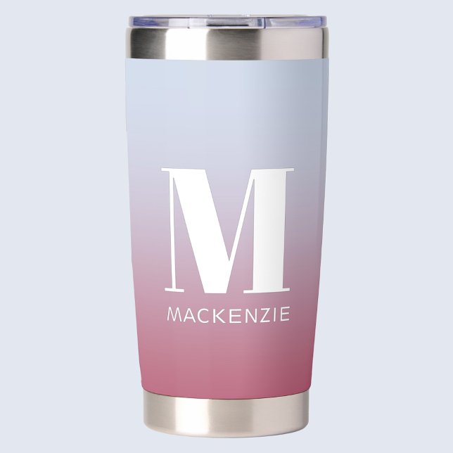 Monogram Initial Name Gradient Pink Blue Insulated Tumbler (Modern monogram initial name pink blue gradient personalized insulated tumbler)