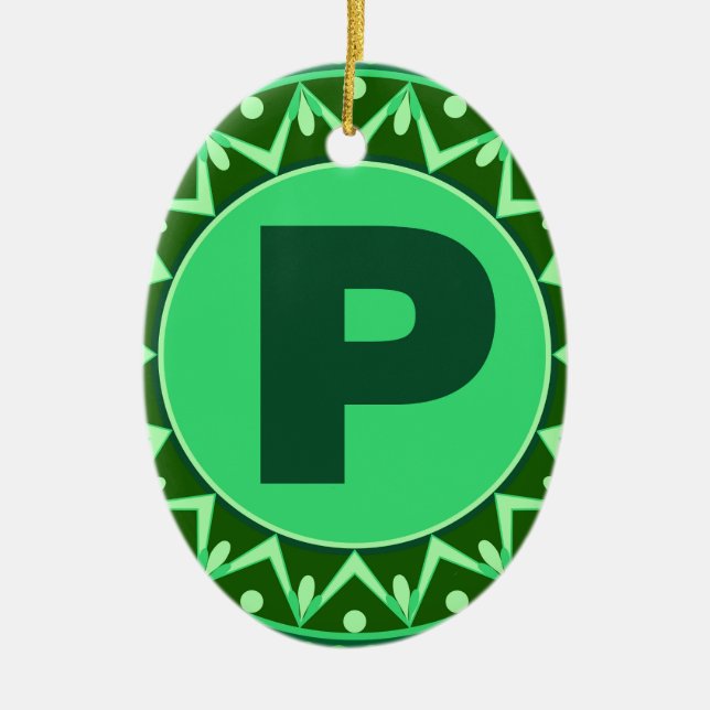 Monogram Initial name green letter alphabet p Ceramic Tree Decoration (Front)