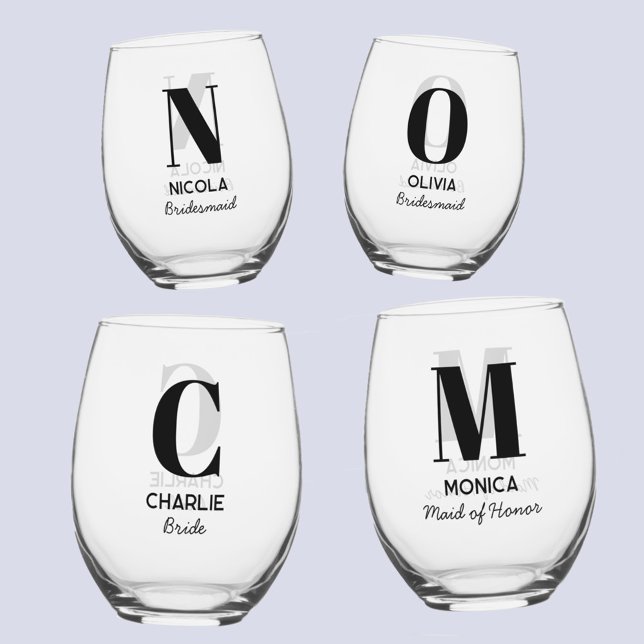 Monogram Initial Name Personalised Wedding Party Stemless Wine Glass (Modern personalized monogram initial name bridal bachelorette wedding party individual glasses)