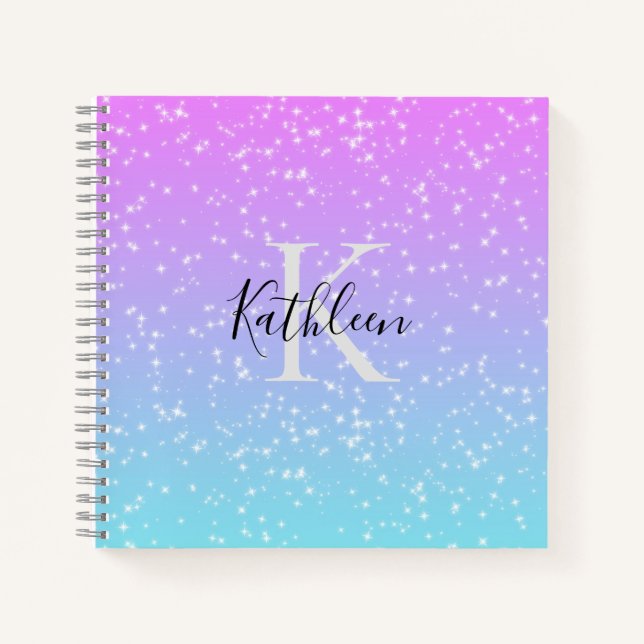 Monogram Initial Name Pink Blue Sparkle Girly  Notebook (Front)
