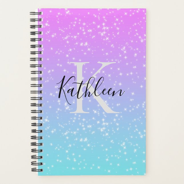 Monogram Initial Name Pink Blue Sparkle Girly Planner (Front)