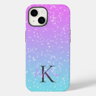 Monogram Initial Name Pink Blue Sparkle Ombre  Case-Mate iPhone 14 Case