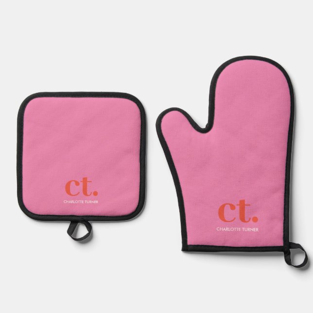 Monogram Initial Name Pink Oven Mitt & Pot Holder Set (Front)