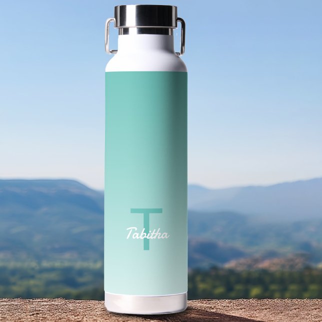 Monogram Initial Name Script Gradient Teal Green Water Bottle (Creator Uploaded)