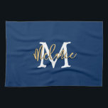 Monogram Initial Name Script Navy White Gold Tea Towel<br><div class="desc">Modern Monogram Initial Name Script In Navy with white and gold. Easy to personalise with initial and name.</div>