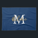 Monogram Initial Name Script Navy White Gold Tea Towel<br><div class="desc">Modern Monogram Initial Name Script In Navy with white and gold. Easy to personalise with initial and name.</div>