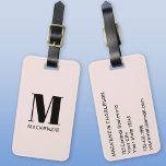 Monogram Initial Name Simple Blush Pink Luggage Tag<br><div class="desc">Modern typography minimalist monogram initial name design in black on blush pink which can be changed to personalise.</div>
