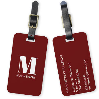 Monogram Initial Name Simple Burgundy Luggage Tag