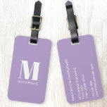 Monogram Initial Name Simple Pastel Lilac Luggage Tag<br><div class="desc">Modern typography minimalist monogram initial name design in white on pastel lilac purple which can be changed to personalise.</div>