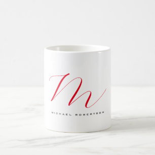 Monogram Initial Name White Red Unique Minimalist Coffee Mug