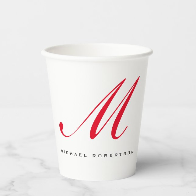 Monogram Initial Name White Red Unique Minimalist Paper Cups (Front)