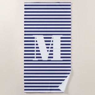 Monogram initial navy blue and white stripes beach towel
