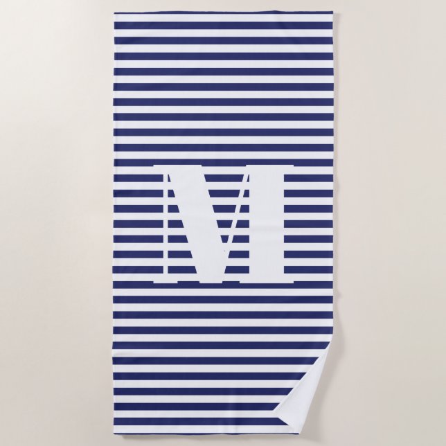 Monogram initial navy blue and white stripes beach towel (Front)