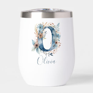 Monogram Initial O Blue Floral Watercolor Gift Her