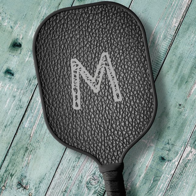 Monogram Initial on Black Leather Grains Print Pickleball Paddle (Creator Uploaded)