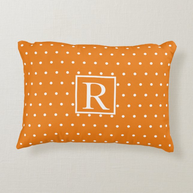 Monogram Initial Orange White Polka Dots Cute Decorative Cushion (Back)