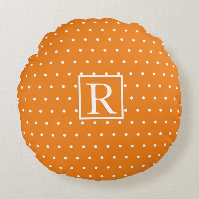 Monogram Initial Orange White Polka Dots Cute Round Cushion (Front)