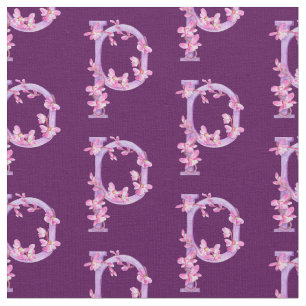 Monogram initial P purple orchid floral watercolor Fabric
