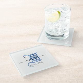 monogram initial personalised business name blue glass coaster
