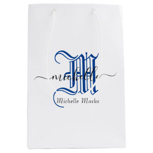 monogram initial personalized business name blue medium gift bag