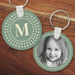 Monogram initial photo retro radial dot sage green key ring<br><div class="desc">Keyring featuring your monogram initial inside a retro radial dot border on a sage green background and a custom photo on the back.</div>