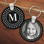 Monogram initial photo retro radial dots black key ring<br><div class="desc">Keyring featuring your monogram initial inside a white retro radial dot border on a black background and a custom photo on the back.</div>
