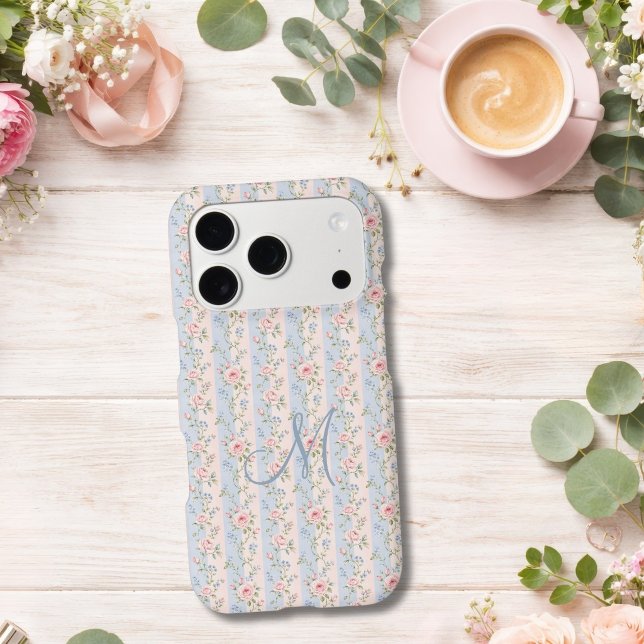 Monogram Initial Pink Blue Stripe Floral Rose  (Pink Blue Striped Florals Monogram Initial iPhone case, iPhone 17, 16, 15, 14, 13, 12
Gift for her)